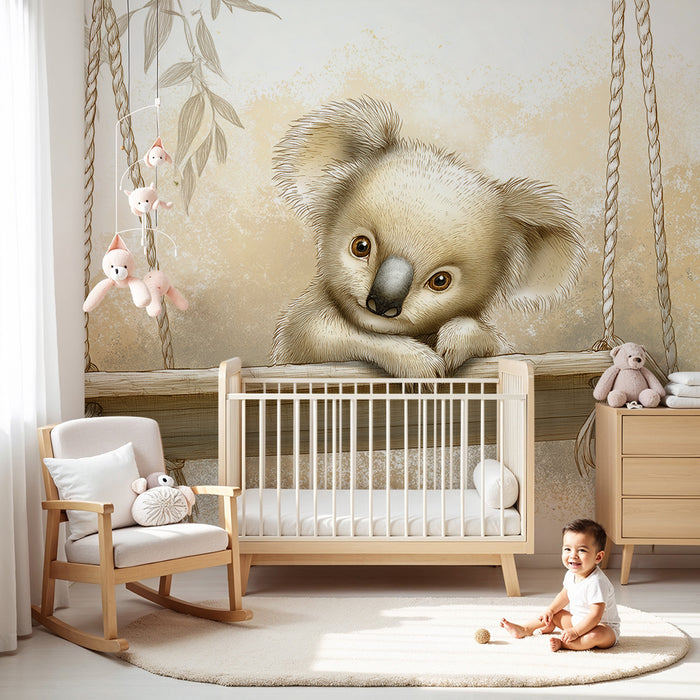Nursery room wallpaper | Cute koala on a swing in a soft setting