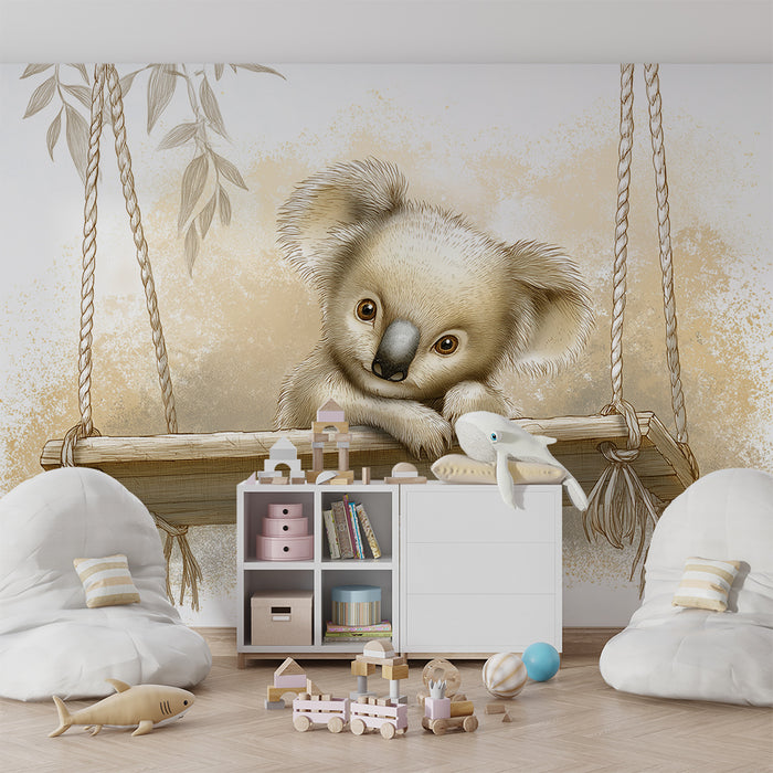 Nursery room wallpaper | Cute koala on a swing in a soft setting
