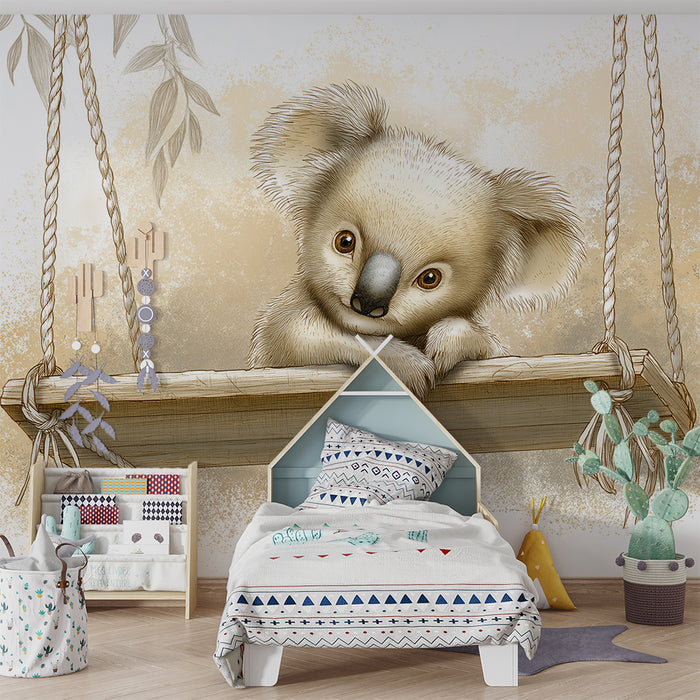 Nursery room wallpaper | Cute koala on a swing in a soft setting