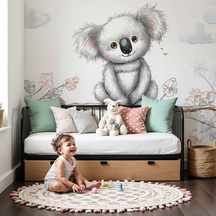 Nursery room wallpaper | Cute koala on a branch with delicate flowers