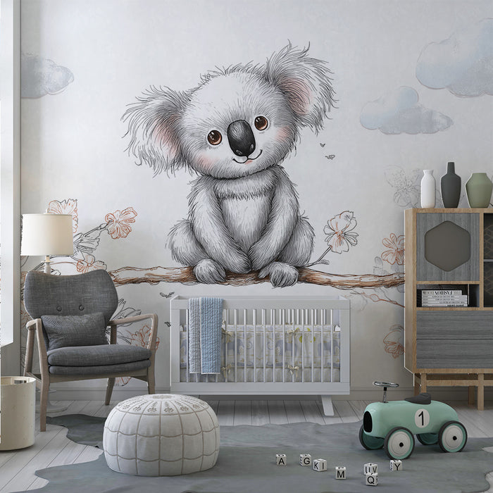 Nursery room wallpaper | Cute koala on a branch with delicate flowers