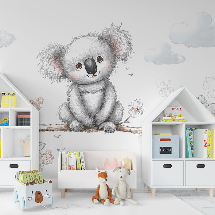 Nursery room wallpaper | Cute koala on a branch with delicate flowers