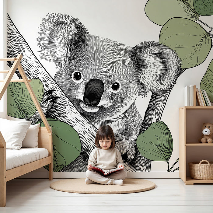 Papel de parede quarto bebê | Koala fofo em um galho com folhagem delicada