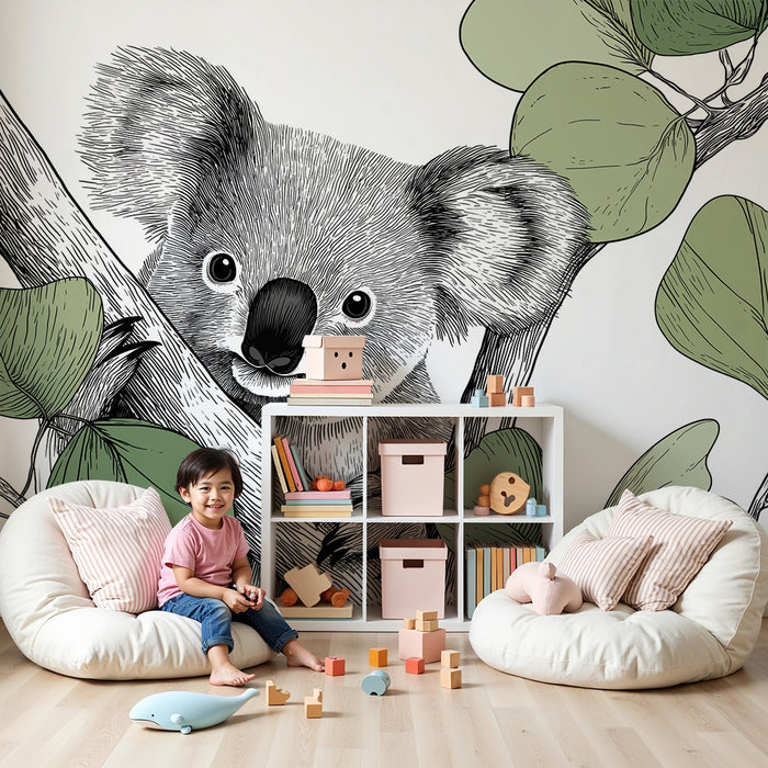 Babykamer behang | Schattige koala op een tak met fijne bladeren