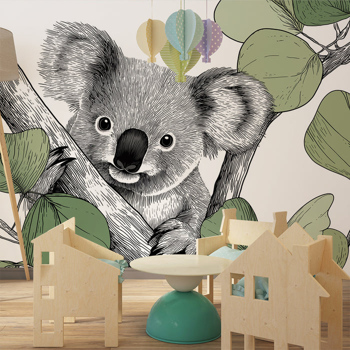 Babykamer behang | Schattige koala op een tak met fijne bladeren