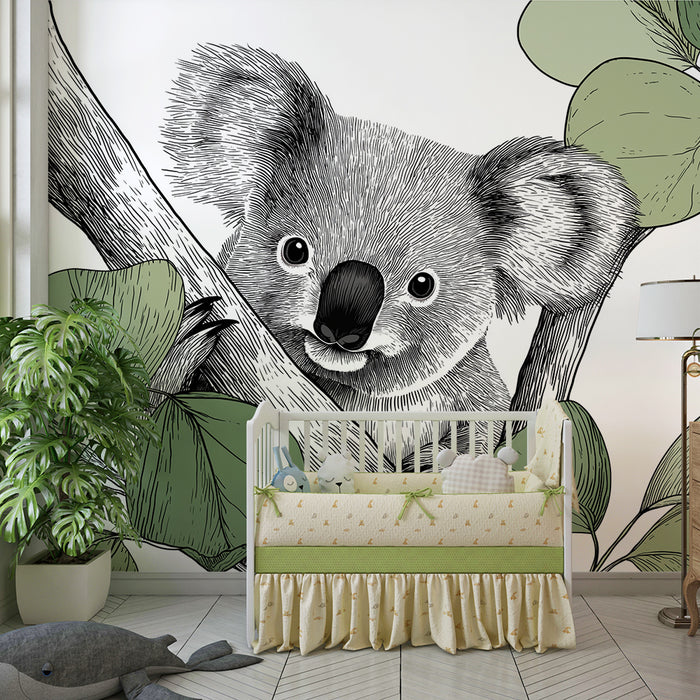 Babykamer behang | Schattige koala op een tak met fijne bladeren