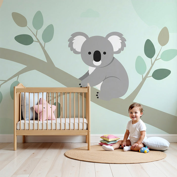 Nursery room wallpaper | Cute koala on a branch with soft foliage