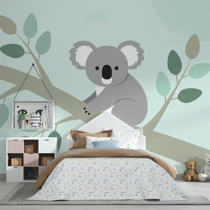 Nursery room wallpaper | Cute koala on a branch with soft foliage