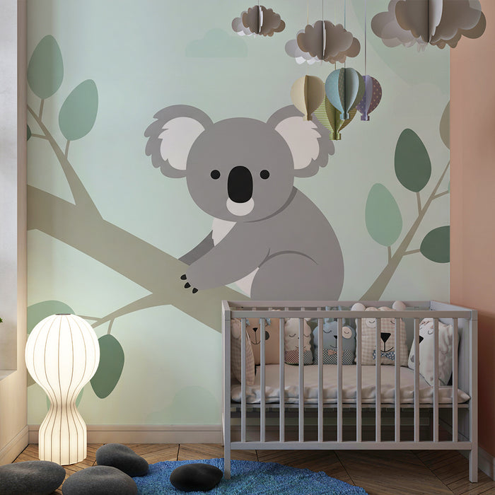 Nursery room wallpaper | Cute koala on a branch with soft foliage