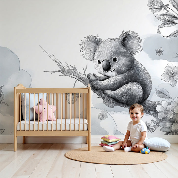 Papel de parede para quarto de bebé | Koala fofo num ramo com flores delicadas