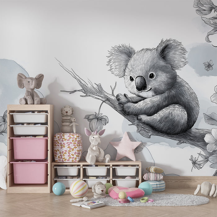 Papel de parede para quarto de bebé | Koala fofo num ramo com flores delicadas