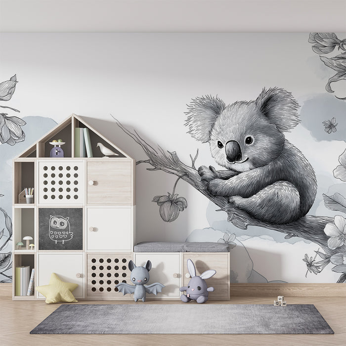 Papel de parede para quarto de bebé | Koala fofo num ramo com flores delicadas