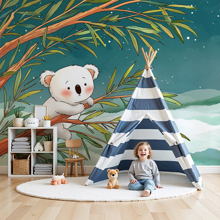 Babykamer behang | Schattige koala op een eucalyptus tak onder een sterrenhemel