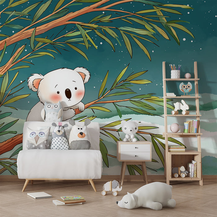 Babykamer behang | Schattige koala op een eucalyptus tak onder een sterrenhemel