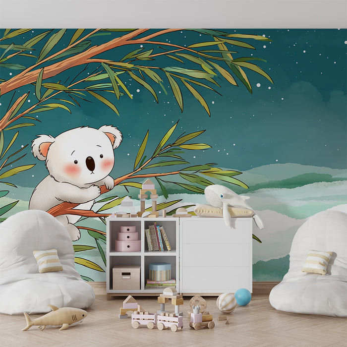 Babykamer behang | Schattige koala op een eucalyptus tak onder een sterrenhemel