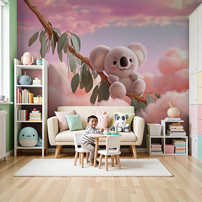 Lastenhuoneen tapetti | Suloinen koala oksalla pastellinsinisellä taivaalla