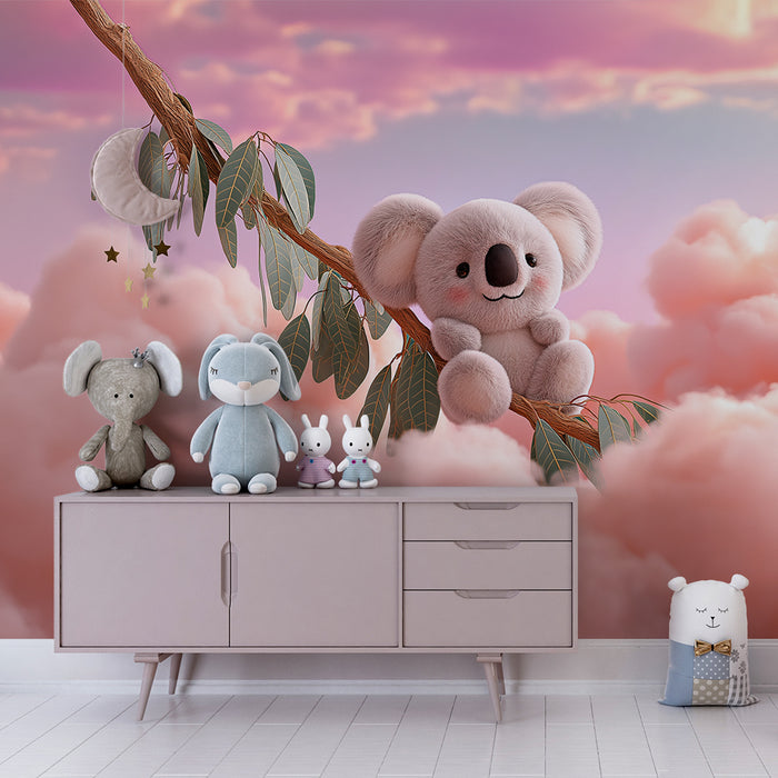 Lastenhuoneen tapetti | Suloinen koala oksalla pastellinsinisellä taivaalla
