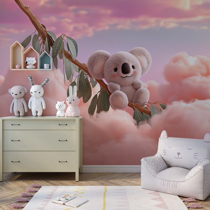 Lastenhuoneen tapetti | Suloinen koala oksalla pastellinsinisellä taivaalla