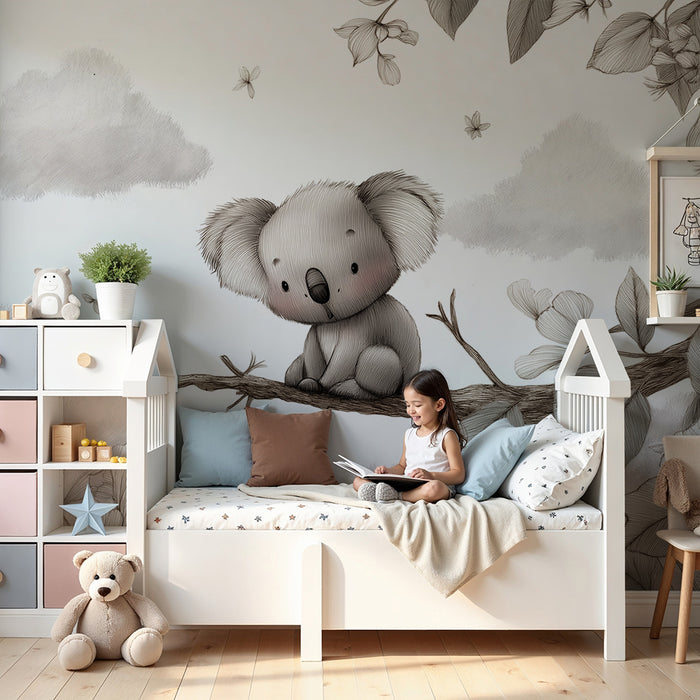 Nursery room wallpaper | Cute Koala on a branch surrounded by delicate flowers