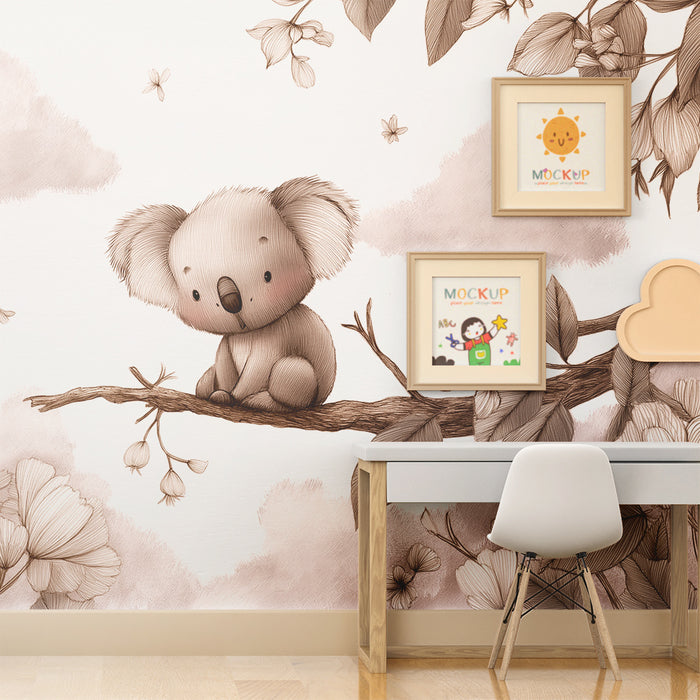 Nursery room wallpaper | Cute Koala on a branch surrounded by delicate flowers