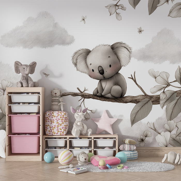 Nursery room wallpaper | Cute Koala on a branch surrounded by delicate flowers