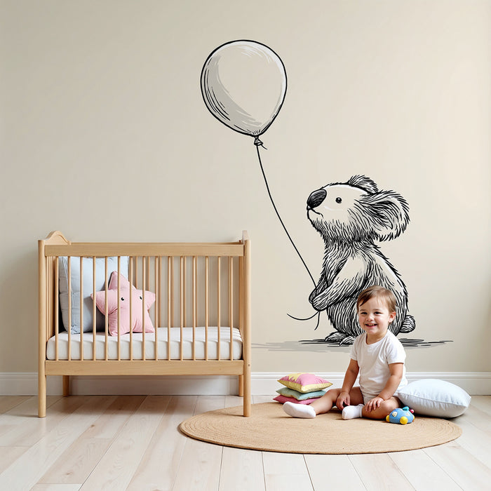 Babykamer behang | Schattige koala die een ballon vasthoudt op een zachte achtergrond