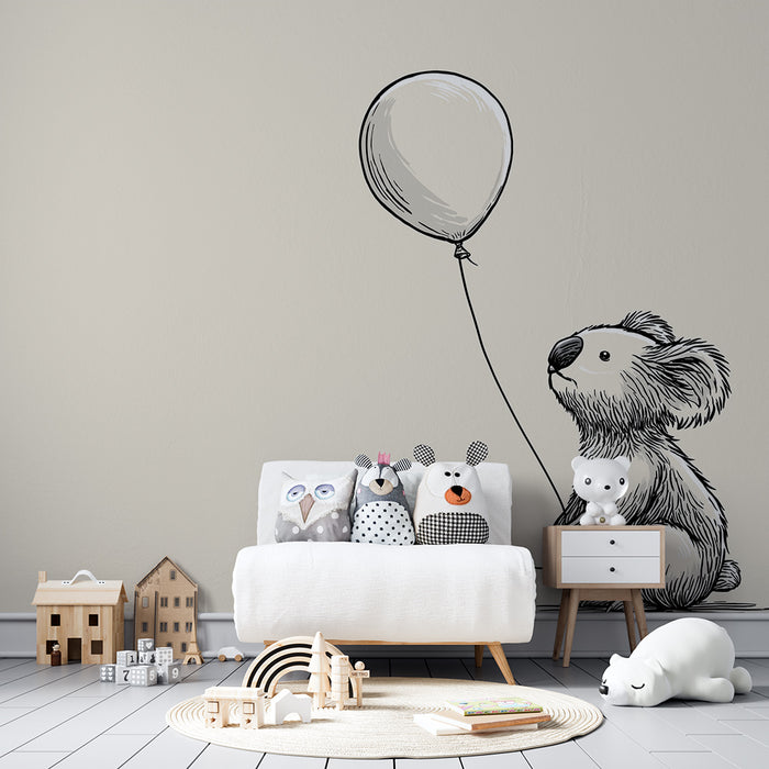 Babykamer behang | Schattige koala die een ballon vasthoudt op een zachte achtergrond
