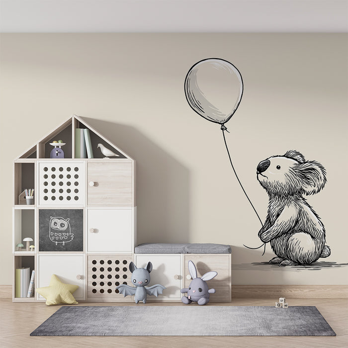 Babykamer behang | Schattige koala die een ballon vasthoudt op een zachte achtergrond