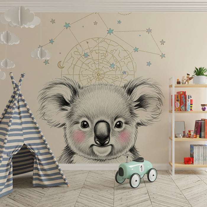 Nursery room wallpaper | Dreamy koala and constellations