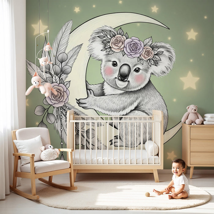 Nursery room wallpaper | Dreamy koala on the moon