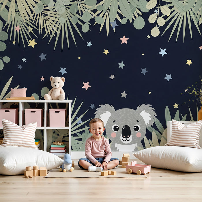 Nursery room wallpaper | Koala under the stars and tropical foliage