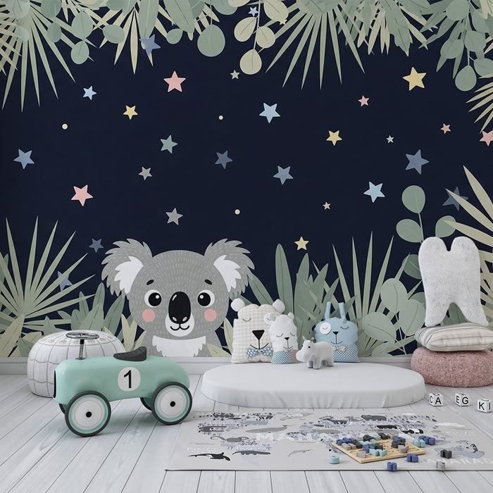 Nursery room wallpaper | Koala under the stars and tropical foliage
