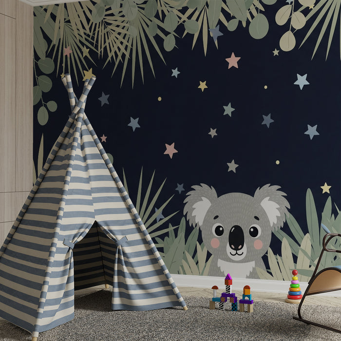 Nursery room wallpaper | Koala under the stars and tropical foliage