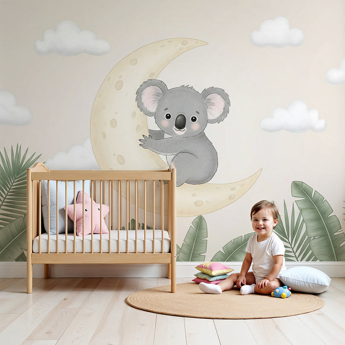 Papier de parede detskej izby | Koala na mesiaci a tropické listy