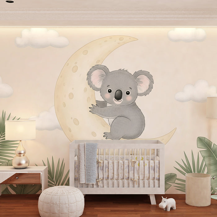 Papier de parede detskej izby | Koala na mesiaci a tropické listy