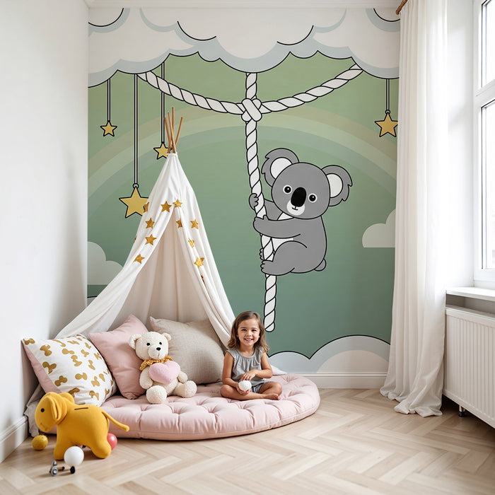 Papel de parede para quarto de bebé | Koala pendu nas nuvens com estrelas douradas