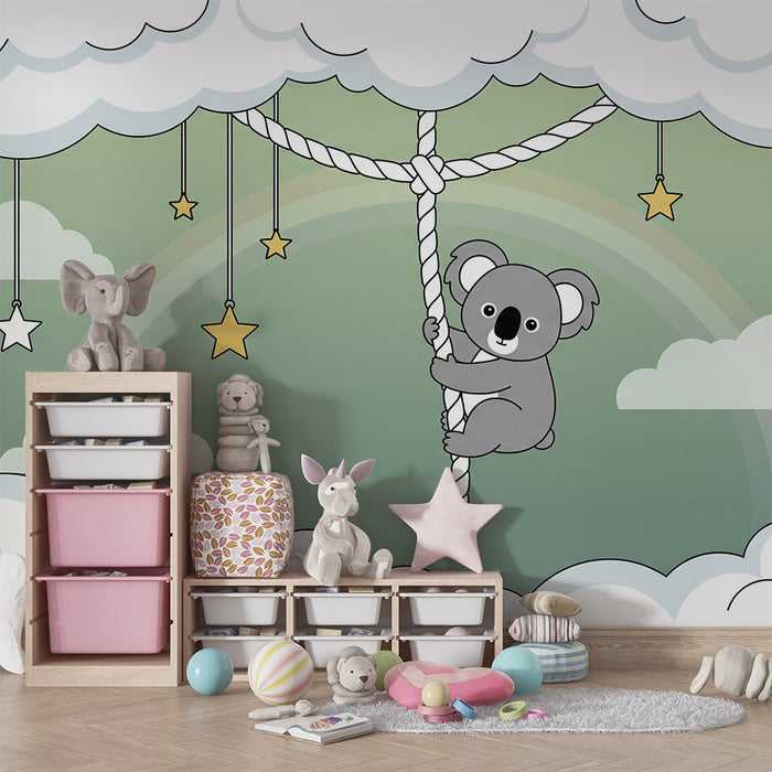 Papel de parede para quarto de bebé | Koala pendu nas nuvens com estrelas douradas