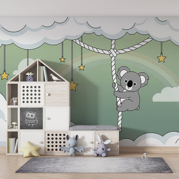 Papel de parede para quarto de bebé | Koala pendu nas nuvens com estrelas douradas