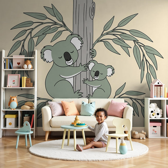 Papier peint chambre bébé | Koalas câlins sur un arbre avec feuillage délicat