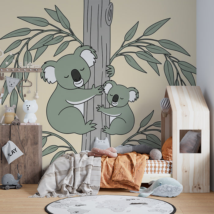 Papier peint chambre bébé | Koalas câlins sur un arbre avec feuillage délicat