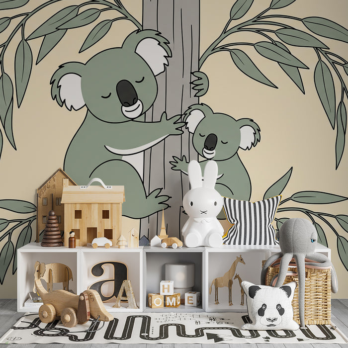 Papier peint chambre bébé | Koalas câlins sur un arbre avec feuillage délicat