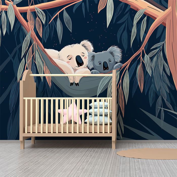 Baby room wallpaper | Sleeping koalas in a hammock under the stars