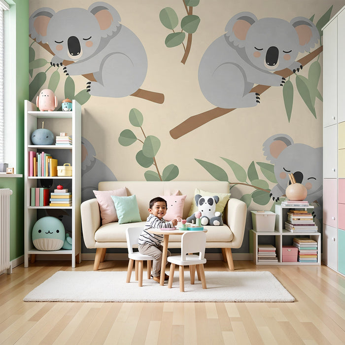 Papier peint chambre bébé | Koalas endormis sur des branches de feuillage