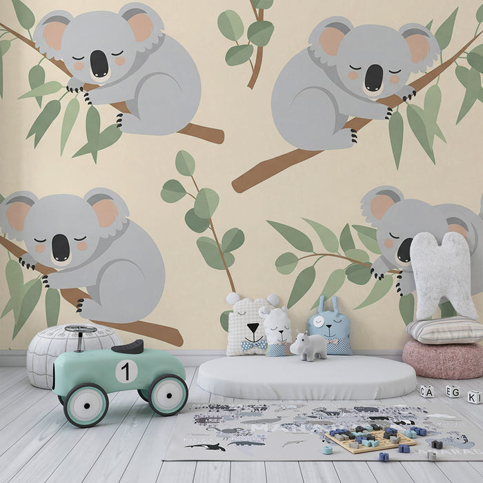 Papier peint chambre bébé | Koalas endormis sur des branches de feuillage
