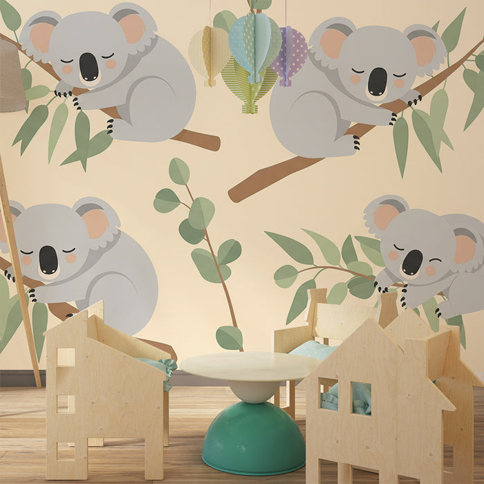 Papier peint chambre bébé | Koalas endormis sur des branches de feuillage