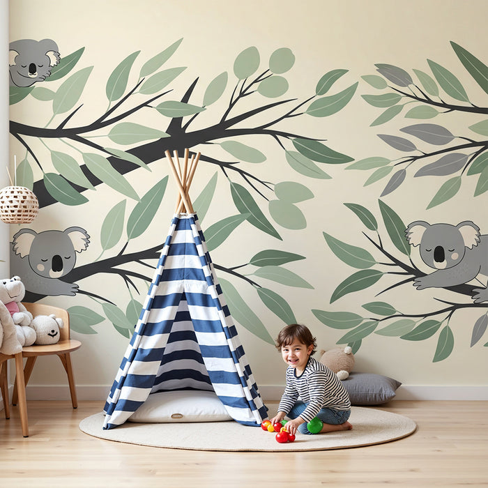 Papier peint chambre bébé | Koalas endormis sur des branches feuillues