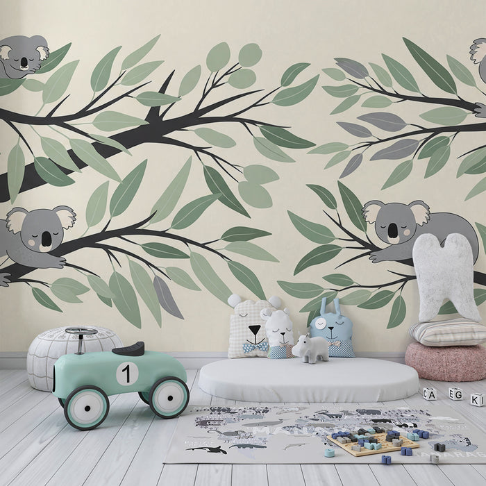 Papier peint chambre bébé | Koalas endormis sur des branches feuillues