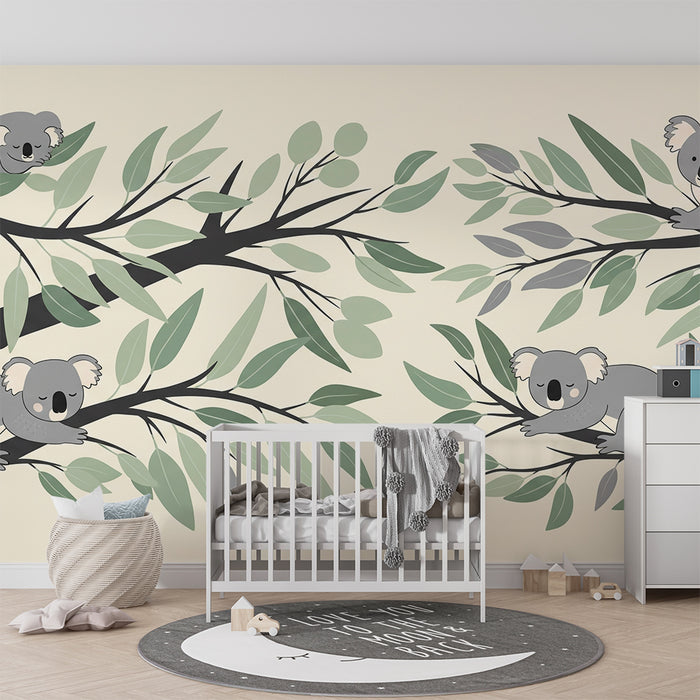 Papier peint chambre bébé | Koalas endormis sur des branches feuillues