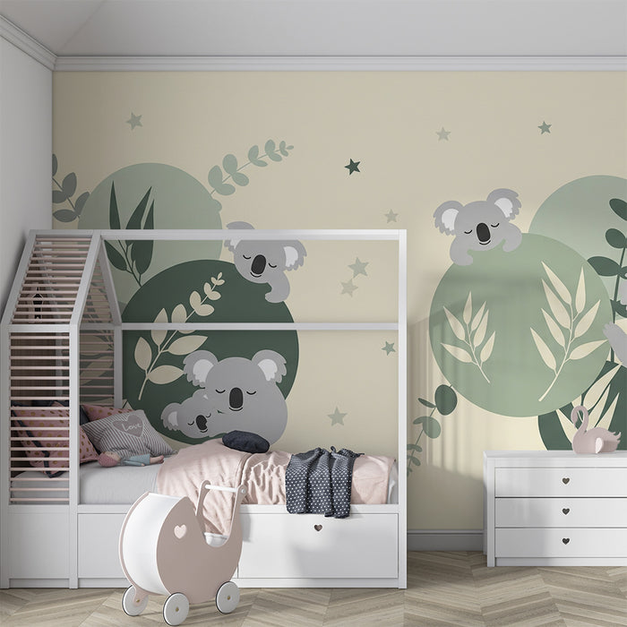 Papier peint chambre bébé | Koalas endormis sur des cercles doux et feuillage apaisant