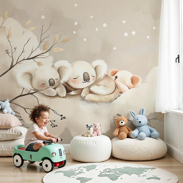 Nursery room wallpaper | Sleeping koalas on a soft cloud